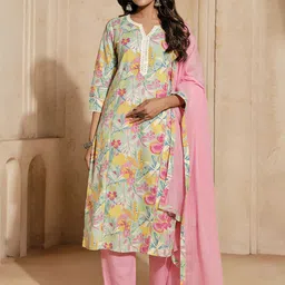 Jaipur Kurti Women Floral Embroidered Regular Gotta Patti Pure Cotton Kurta with Trousers & With Dupatta-image-61