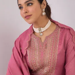 Indo Era Floral Yoke Design Notch Neck Zari Straight Kurta With Trouser And Dupatta image 5