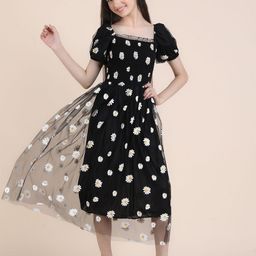 STARWORD Girls Floral Print Net Fit & Flare Midi Dress-picture-5