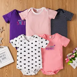 Kookie Kids Half Sleeves Onesies Multiprint Pack of 5 - Multicolour-picture-27