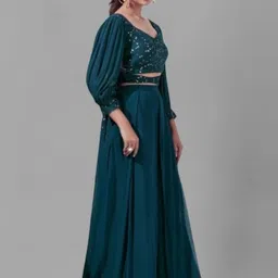 PARROT CREATION Floral Embroidered Poly Georgette V-Neck Crop Top With Palazzos image 4