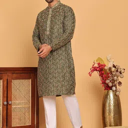 Anouk Olive Geometric Embroidered Mandarin Collar Straight Kurta With Pyjamas-picture-22