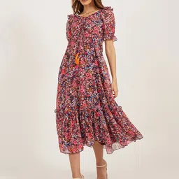 Miss Chase Women Floral Printed V-Neck Puff Sleeve Fit & Flare Midi Dress-picture-18