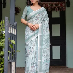 ALMAARI FASHION Floral Printed Pure Linen Banarasi Saree-picture-14
