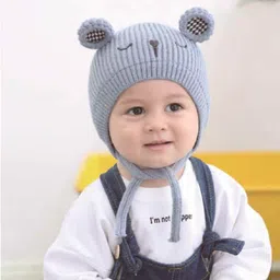 Ziory Double Layered Woollen Cap Ear Design And Tie Knot Blue - Diameter 48 cm image 2