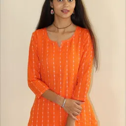 PUSHPRAJ FASHION Women's Cotton Round Neck 3/4 Sleeves Striped Pattern Printed Kurta Set (Orange -2XL) image 5