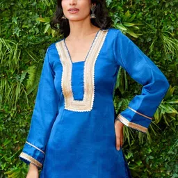 Akaya Floral Yoke Design Grace V-Neck Long Sleeves Linen Silk unic With Trousers image 5