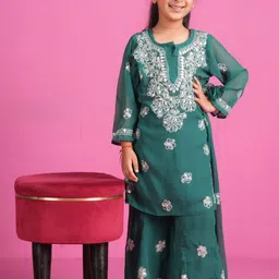 KHAKA Girls Ethnic Motifs Embroidered Regular Chikankari Kurta with Sharara & With Dupatta image 2
