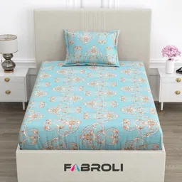 FABROLI Blue & Orange Floral Printed 300 TC Single Bedsheet Set 2.28 m x 1.52 m-image-32