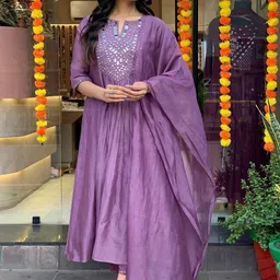 CICICA Women Embroidered Pleated Mirror Work Kurta with Trousers & With Dupatta-image-4