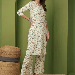 Anouk Floral Printed Straight Kurta With Palazzos image 3