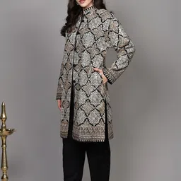 Exotic India Women Geometric Woollen Longline Open Front Jacket with Embroidered image 5