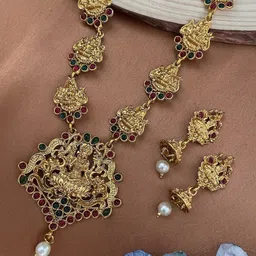 Digital Dress Room Gold-Plated Stone Studded & Pearl Beaded Laxmi Temple Jewellery Set-picture-41