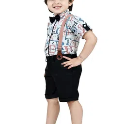 OJ TREND Boys Printed Y Suspenders Shirt & Shorts Dungaree Set With Bow Tie & Cap image 2
