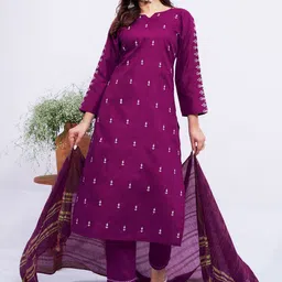 ARADHNA Women Ethnic Motifs Embroidered Regular Thread Work Kurta & Trousers With Dupatta-image-35