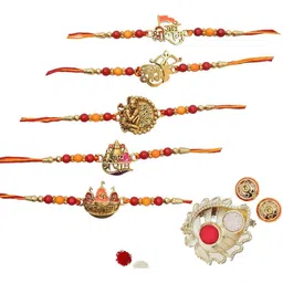 MEIRA JEWELLERY Set Of 5 Stone-Studded & Beaded Rakhi With Greeting Card Gift Set image 2