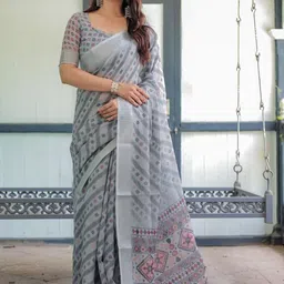 ALMAARI FASHION Geometric Woven Design Pure Linen Banarasi Saree-picture-10