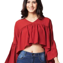 IZEL Women V-neck Bell Sleeve Crop Top-picture-15