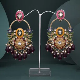 Anouk Gold Plated Artificial Stones Studded & Beaded Drop Earrings image 3