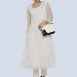 MALABIS Women Ethnic Motifs Embroidered Angrakha Chikankari Kurta with Trousers-picture-17