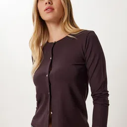 Happiness istanbul Women Ribbed Round Neck Long Sleeves Cardigan image 3