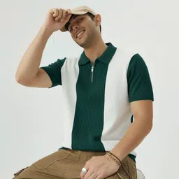 try this Men Colorblock Polo Neck Cotton Blend Green T-Shirt image 1