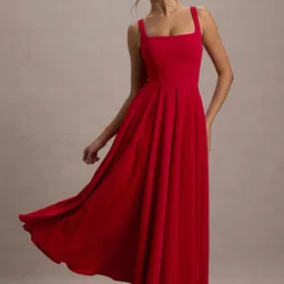 houseofcommon Women Fit and Flare Red Ankle Length Dress-picture-19