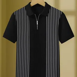 kajaru Men Striped Zip Neck Polyester Grey T-Shirt-picture-11