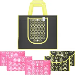 homestic Pack of 6 Smile Foldable Grocery/Shopping Bags For Women | Black Yellow & Pink Pack of 6 Grocery Bags-picture-14