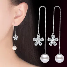 myki Classic Flower Pearl Long Zircon Earring For Women & Girls Swarovski Zirconia Sterling Silver Drops & Danglers-picture-23