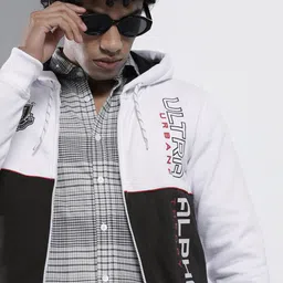 The Indian Garage Co Men White & Black Colourblocked Hooded Sweatshirt-picture-16