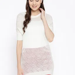 Cayman Women Off-White Self Design Fitted Longline Sheer Woollen Winter Top-image-7