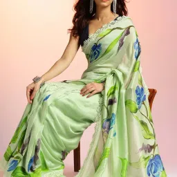 navyasa by liva Dark Green Printed Saree With Unstitched Blouse image 4