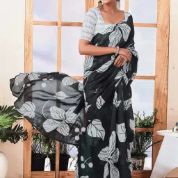 Satrani Black & White Floral Print Saree With Unstitched Blouse image 4