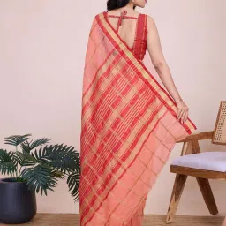 Satrani Peach Pink & Maroon Woven Saree With Unstitched Blouse image 4
