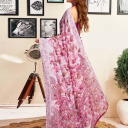 Satrani Pink & White Printed Saree With Unstitched Blouse image 4