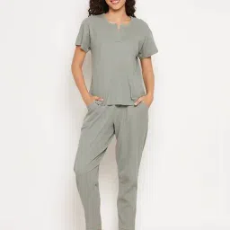 Clovia Light Green Cotton T-Shirt With Pyjamas-image-11