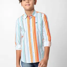 Gas Kids Orange & White Cotton Striped Full Sleeves Shirt-image-3