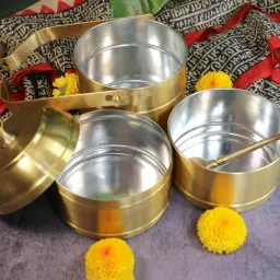 Ambi Super Elegant Gold Brass 3 Tier Tiffin Set with Spoon image 4