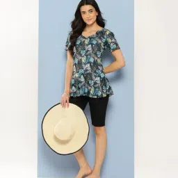 Aarika Turquoise Nylon Printed Short Sleeves Swimsuit With Cap image 3