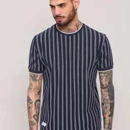 showoffff Showoff Navy Blue Cotton Slim Fit Stripes T-Shirt-picture-20