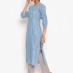 savi india Savi Powder Blue Cotton Straight Striped Kurta kurtis image 4