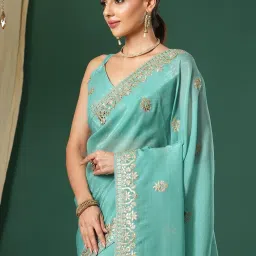 Saree Mall Turquoise Embroidered Sarees With Unstitched Blouse image 4