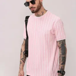 Showoff Pink Cotton Slim Fit Stripes T-Shirt-image-5