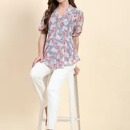 TOOCHKI Floral Print Cuban Collar Puff Sleeve Georgette High-Low Top image 5