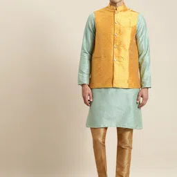 SOJANYA Men Sea Green Striped Kurta with Churidar & Nehru Jacket-picture-24