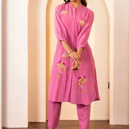 MISRI Women Floral Embroidered Cotton Kurta with Trousers-image-40