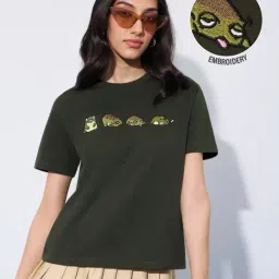 The Souled Store Green Cotton Embroidered T-Shirt-picture-32