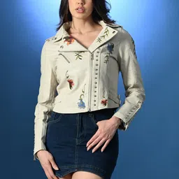 ANNY Women Floral Leather Lightweight Biker Jacket with Embroidered-picture-29