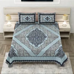 JAIPUR FABRIC Teal & Grey Ethnic Motifs 180 TC King Bedsheet with 2 Pillow Covers-image-80